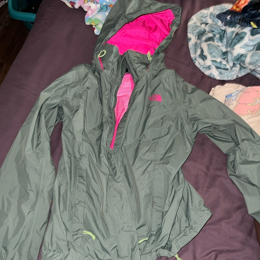 Green and Pink North Face Rain Jacket